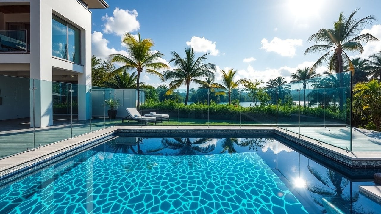 Sleek glass fencing options for luxury pool areas in tropical landscapes